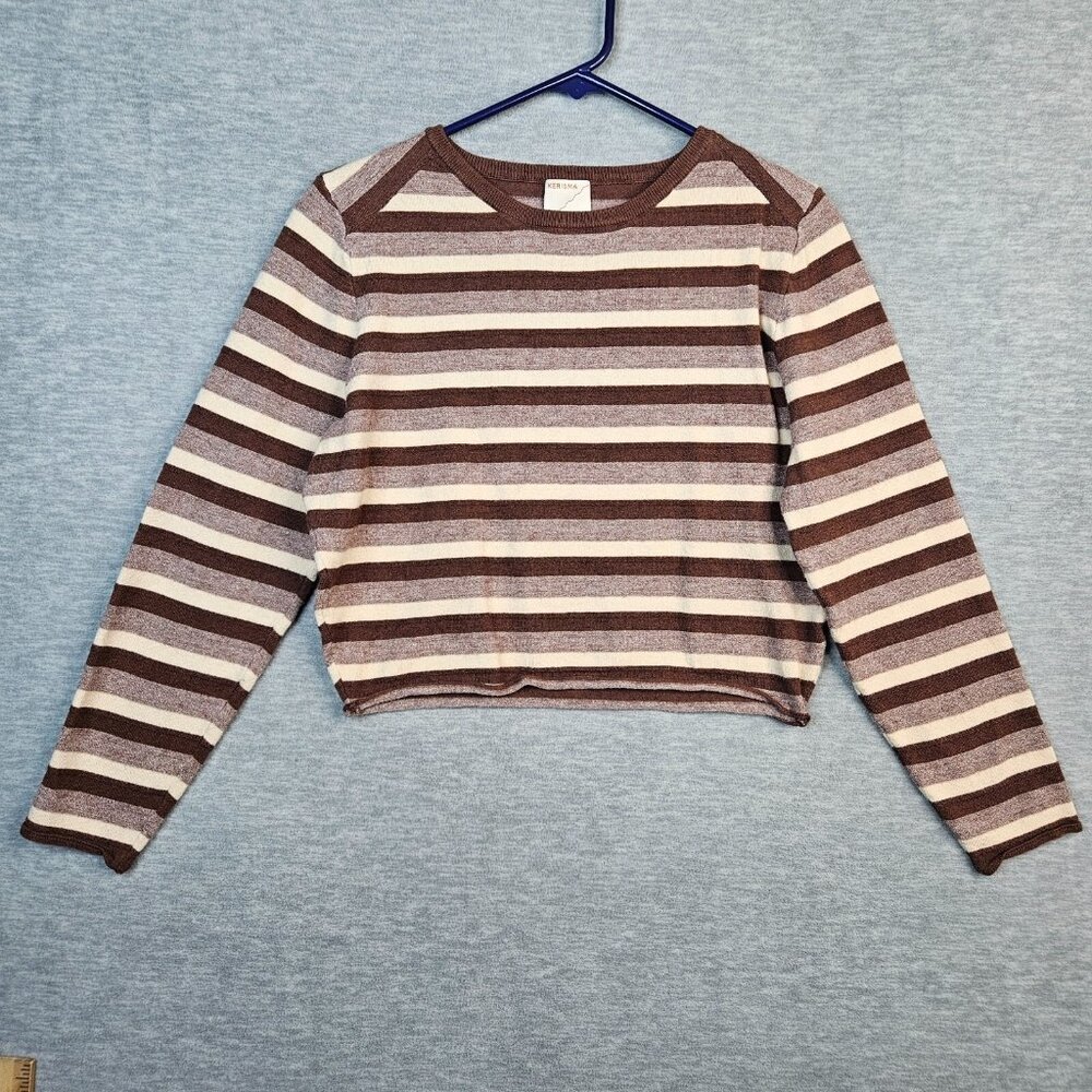KERISMA Women's Brown ivory Striped Cropped Long Sleeve Sweater Size M/L - Picture 1 of 7